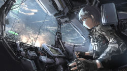 Rule 34 | 1girl, absurdres, blue eyes, cockpit, commentary request, controller, english text, explosion, fingerless gloves, gloves, grey hair, highres, joystick, mecha, military, military uniform, missile, monitor, original, reticule, robot, science fiction, short hair, takuan (a mood home), uniform