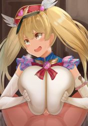 Rule 34 | 1boy, 1girl, absurdres, blonde hair, breasts squeezed together, breasts, brown background, facominn, frilled sleeves, frills, gloves, granblue fantasy, highres, huge breasts, looking away, monika weisswind, open mouth, paizuri, paizuri under clothes, tagme, twintails, white gloves