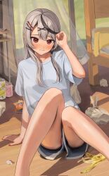 Rule 34 | 1girl, absurdres, alternate costume, asymmetrical hair, banana peel, bare legs, bed, black hair, blue shirt, blue shorts, blush, braid, can, casual, closed mouth, commentary, cowlick, curtains, day, drink, ear piercing, embarrassed, feet out of frame, frown, furrowed brow, grey hair, hair ornament, hairclip, highres, holding, holding hair, hololive, knees together feet apart, long hair, looking at viewer, messy room, multicolored hair, nail polish, panties, panty peek, parted bangs, piercing, pink panties, red eyes, red nails, remi (rem67763852), sakamata chloe, shirt, short shorts, short sleeves, shorts, side braid, sidelocks, single braid, sitting, sliding doors, snack, solo, t-shirt, trash bag, two-tone hair, underwear, used tissue, virtual youtuber, wooden floor, x hair ornament