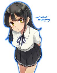 Rule 34 | 1girl, black hair, black skirt, blue ribbon, breasts, commentary request, cowboy shot, dated, grey eyes, hair ornament, hairclip, highres, johssnny, kantai collection, leaning forward, looking at viewer, neck ribbon, one-hour drawing challenge, open mouth, outline, oyashio (kancolle), pleated skirt, ribbon, shirt, short sleeves, simple background, skirt, small breasts, solo, standing, twitter username, white background, white shirt