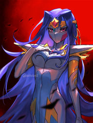 Rule 34 | 1girl, abiiii, alternate form, armor, blue hair, breasts, character request, check character, circlet, colored skin, glint, hand on own chest, kamishiro rio, long hair, medium breasts, navel, no mouth, purple eyes, shoulder armor, solo, twitter username, very long hair, white skin, yu-gi-oh!, yu-gi-oh! zexal