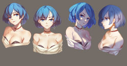 Rule 34 | 1girl, :p, absurdres, bare shoulders, black bra, blue eyes, blue hair, bra, breasts, character sheet, choker, closed mouth, collarbone, cropped torso, earrings, expressionless, grey background, highres, jewelry, large breasts, looking at viewer, mismatched earrings, multiple views, off shoulder, original, parted lips, qian pu liu shang, shirt, short hair, simple background, strapless, strapless bra, tongue, tongue out, underwear, upper body, white shirt