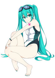 Rule 34 | 1girl, absurdres, aqua eyes, aqua hair, aqua nails, barefoot, breasts, commentary request, competition swimsuit, full body, goggles, goggles on head, hatsune miku, highleg, highleg one-piece swimsuit, highres, lifeguard, looking at viewer, multicolored clothes, multicolored swimsuit, nail polish, one-piece swimsuit, simple background, sitting, small breasts, solo, swimsuit, tattoo, toenail polish, toenails, twintails, vocaloid, whistle, whistle around neck, white background, white one-piece swimsuit, yurizuku owl