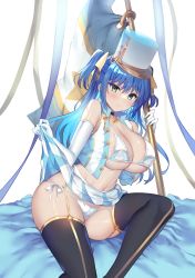 Rule 34 | 1girl, black thighhighs, blue eyes, blue hair, blue skirt, bra, breasts, cleavage, closed mouth, clothes lift, commentary request, covered erect nipples, crop top, flag, gakkou de seishun!, garter straps, hair ribbon, hat, highres, holding, holding flag, kanzaki ayane, large breasts, long hair, looking at viewer, marching band, navel, panties, pleated skirt, ribbon, sanshoku amido, shirt, side-tie panties, sitting, skirt, skirt lift, smile, solo, thighhighs, two-tone skirt, underboob, underwear, white bra, white hat, white panties, white shirt, white skirt
