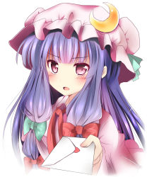 Rule 34 | 1girl, blush, confession, hair ribbon, hat, highres, letter, long hair, looking at viewer, love letter, open mouth, patchouli knowledge, pink eyes, purple hair, ramudia (lamyun), ribbon, silver hair, solo, touhou, tress ribbon, upper body, white background