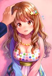 Rule 34 | 10s, 1girl, :3, asymmetrical sleeves, blush, breasts, brown eyes, brown hair, cleavage, dress, flying sweatdrops, hair ornament, hand on another&#039;s head, head pat, headpat, idolmaster, idolmaster cinderella girls, jewelry, large breasts, long hair, looking at viewer, mismatched sleeves, moroboshi kirari, necklace, nishizawa, open mouth, polka dot, pov, pov hands, smile, solo focus, star (symbol), star hair ornament, v arms