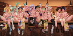 Rule 34 | 6+girls, agria (tales), animal ears, bar (place), bar censor, beer mug, black eyes, black hair, black thighhighs, blonde hair, blush, breasts, censored, closed eyes, cup, driselle k. sharil, elize lutus, elle mel martha, feet, glasses, green eyes, green hair, grey hair, hair bun, hat, highres, leia rolando, long hair, looking at viewer, medium hair, milla maxwell, mug, multiple girls, muzet (tales), nipples, nocchi, nova (tales of xillia 2), nude, open mouth, pee, peeing, pink eyes, pink hair, presa (tales), pussy, red eyes, spread pussy, tales of (series), tales of xillia, thighhighs, vel (tales)