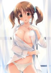 Rule 34 | 10s, 1girl, :p, blush, breasts, brown eyes, brown hair, cameltoe, cleavage, commentary request, gennosuke (artist), idolmaster, idolmaster cinderella girls, large breasts, long hair, looking at viewer, navel, nipples, no bra, open clothes, open shirt, panties, shirt, smile, solo, tongue, tongue out, totoki airi, twintails, underwear, white panties, white shirt