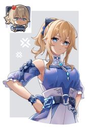 Rule 34 | 1girl, anger vein, bare shoulders, blonde hair, blue eyes, blue shirt, blue sleeves, bow, cross, cross earrings, detached sleeves, drop earrings, earrings, genshin impact, glaring, hair between eyes, hair bow, hands on own hips, high-waist shorts, highres, jean (genshin impact), jean (sea breeze dandelion) (genshin impact), jewelry, long hair, looking at viewer, mon-chan, official alternate costume, ponytail, reference inset, shirt, shorts, sidelocks, simple background, sleeveless, sleeveless shirt, solo, white shorts