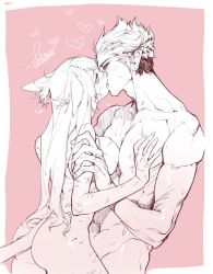 Rule 34 | 1boy, 1girl, animal ears, ass, warrior of light (ff14), blue eyes, blush, border, breasts, cat ears, cat tail, completely nude, final fantasy, final fantasy xiv, french kiss, from side, hair slicked back, hand on another&#039;s chest, hetero, highres, kiss, large breasts, long hair, miqo&#039;te, monochrome, nude, pigeon666, pink background, pointy ears, scar, short hair, simple background, spot color, tail, very short hair, white border