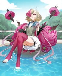 Rule 34 | 1girl, abigail (frigga), alcohol, black gloves, black nails, blonde hair, choker, crossed legs, cup, dislyte, drinking glass, elbow gloves, fence, flower, gloves, highres, holding, holding cup, kiritzugu, nail polish, one eye covered, pink flower, pink rose, pool, red eyes, rose, skin tight, sky, spiked choker, spikes, stirrup legwear, thighhighs, toeless legwear, weapon, wine, wine glass