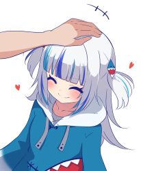 Rule 34 | +++, 1girl, 1other, animal costume, blue hair, blue hoodie, blunt bangs, blush, closed eyes, closed mouth, commentary, dot nose, drawstring, english commentary, gawr gura, gawr gura (1st costume), grey hair, hair ornament, headpat, heart, highres, hololive, hololive english, hood, hoodie, long sleeves, looking at viewer, multicolored hair, shark costume, shark hair ornament, shark print, sidelocks, simple background, smile, solo focus, split mouth, stippling (texture), streaked hair, takapyon higashi, two side up, virtual youtuber, white background, white hood