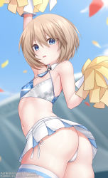 Rule 34 | 1girl, alternate costume, arm up, armpits, ass, bare shoulders, blanc (neptunia), blue archive, blue eyes, blush, breasts, brown hair, cameltoe, cheering, cheerleader, cosplay, covered erect nipples, crop top, detached collar, embarrassed, from below, gabriel evangel, hair between eyes, hand up, highres, holding, holding pom poms, leaning forward, looking at viewer, looking back, midriff, millennium cheerleader outfit (blue archive), miniskirt, navel, neptune (series), outdoors, parted lips, pleated skirt, pom pom (cheerleading), pom poms, revealing clothes, shirt, skindentation, skirt, sleeveless, sleeveless shirt, small breasts, solo, thighhighs, thighs, upskirt