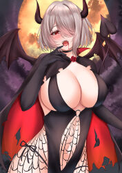 Rule 34 | 1girl, bat wings, black gloves, blood, blood from mouth, blush, breasts, cape, center opening, cleavage, demon tail, elbow gloves, fangs, gloves, hair over one eye, halloween, highres, honkai (series), honkai impact 3rd, horns, large breasts, match (scp115), mole, mole under eye, navel, o-ring leotard, open mouth, panties, red eyes, rita rossweisse, side-tie panties, tail, torn cape, torn clothes, torn wings, two-tone cape, underwear, wings