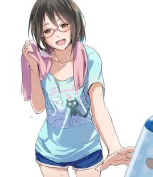 Rule 34 | 1girl, 1other, animal print, blue shirt, blue shorts, blurry, blurry foreground, blush, breasts, brown eyes, brown hair, cat print, collarbone, cowboy shot, holding, holding towel, idolmaster, idolmaster cinderella girls, idolmaster cinderella girls starlight stage, kamijo haruna, kawaty, looking at viewer, medium breasts, open mouth, pink-framed eyewear, pink towel, pov, print shirt, reaching, reaching towards viewer, shirt, short hair, short sleeves, shorts, simple background, smile, solo, standing, sweat, towel, white background