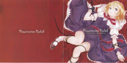 Rule 34 | 1girl, album cover, alice margatroid, bdsm, blonde hair, blue dress, blue eyes, bondage, bound, buriki, capelet, chain, cover, dress, english text, female focus, highres, looking at viewer, lying, mary janes, on back, red background, ribbon, scan, shoes, short hair, socks, solo, touhou, white socks, wrist cuffs