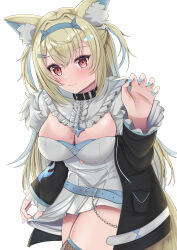 Rule 34 | 1girl, animal collar, animal ear fluff, animal ears, bandaid, bandaid hair ornament, black collar, black jacket, blonde hair, blue hair, blue nails, breasts, brown thighhighs, center frills, cleavage, cleavage cutout, clothing cutout, collar, colored inner animal ears, dog ears, dog girl, dog tail, dress, fake horns, fishnet thighhighs, fishnets, frills, fur-trimmed jacket, fur trim, fuwawa abyssgard, fuwawa abyssgard (1st costume), hair between eyes, hair ornament, hairclip, highres, hololive, hololive english, horns, jacket, large breasts, long hair, long sleeves, multicolored hair, nail polish, naryuu (like-af), pink eyes, short dress, siblings, sidelocks, simple background, solo, streaked hair, tail, thighhighs, two side up, virtual youtuber, white background, white dress