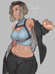 Rule 34 | 1girl, agawa ryou, artist name, bag, black jacket, black pants, breasts, brown hair, cleavage, cleavage cutout, clothing cutout, commentary, crop top, curvy, dark-skinned female, dark skin, dated, english commentary, fingernails, food, gradient hair, grey background, grey eyes, grey shirt, handbag, holding, jacket, looking away, medium breasts, multicolored hair, navel, numbered, off shoulder, open clothes, original, pants, shirt, short hair, simple background, sleeveless, solo, standing, stomach, taiyaki, thick eyebrows, turtleneck, wagashi