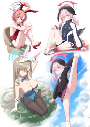 Rule 34 | 3girls, ;), ahoge, animal ears, arm up, asuna (blue archive), asuna (bunny) (blue archive), beret, black headwear, black jacket, black pantyhose, black shirt, black shorts, black wings, blouse, blue archive, blue eyes, blue leotard, blush, bow, bowtie, breasts, brown hair, cleavage, closed mouth, collar, detached collar, eyes visible through hair, fake animal ears, feathered wings, gloves, hair between eyes, hair over one eye, hairband, halo, hat, head wings, heart, heart ahoge, heijialan, high heels, highres, jacket, koharu (blue archive), large breasts, leg up, leotard, long hair, low wings, medium breasts, mole, mole under eye, multiple girls, neckerchief, neru (blue archive), neru (bunny) (blue archive), nose blush, one eye closed, panties, pantyhose, parted lips, pink hair, pink neckerchief, playboy bunny, pleated skirt, purple skirt, rabbit ears, red bow, red bowtie, red eyes, red footwear, red hairband, red leotard, sailor collar, seiza, shirt, shoes, short shorts, shorts, sitting, skirt, sleeves past wrists, smile, socks, split, standing, standing on one leg, standing split, strapless, strapless leotard, thighband pantyhose, track jacket, traditional bowtie, twintails, underwear, uwabaki, white background, white collar, white footwear, white gloves, white legwear, white panties, white sailor collar, wing collar, wings