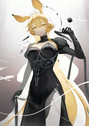 Rule 34 | 1girl, absurdres, aiv, animal ears, arknights, black dress, blonde hair, breasts, closed mouth, dorothy (arknights), dorothy (hand of destiny) (arknights), dress, gradient background, highres, large breasts, long hair, looking at viewer, mouse ears, solo, standing, yellow eyes