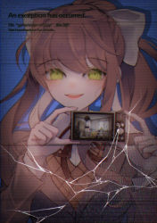 Rule 34 | 1girl, :d, absurdres, bow, brown hair, brown jacket, corpse, crack, cracked glass, doki doki literature club, english text, green background, green eyes, grey bow, hair bow, hair ribbon, hanging, highres, holding, jacket, long hair, long sleeves, looking at viewer, monika (doki doki literature club), open mouth, photo (object), ponytail, red ribbon, ribbon, sayori (doki doki literature club), smile, solo, spoilers, suicide, teeth, upper body, upper teeth only, wny (wnys art)