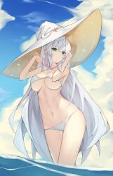Rule 34 | 1girl, absurdres, aoria, bikini, blue sky, breasts, cloud, day, green eyes, hat, highres, large breasts, long hair, looking at viewer, midriff, navel, ocean, original, outdoors, partially submerged, sky, solo, standing, swimsuit, thighs, very long hair, white bikini, white hair, white hat, witch hat