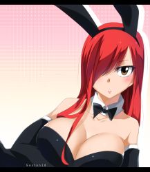 Rule 34 | 1girl, :&lt;, animal ears, artist name, bare shoulders, black gloves, blush, breasts, brown hair, rabbit ears, cleavage, detached collar, elbow gloves, erza scarlet, fairy tail, fake animal ears, gaston18, gloves, hair over one eye, highres, large breasts, letterboxed, long hair, mashima hiro, parted lips, playboy bunny, red hair, solo, upper body
