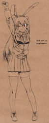 Rule 34 | 1girl, absurdres, animal ears, arm up, artist name, blazer, brown background, collared shirt, contrapposto, crescent, dated, full body, hair between eyes, highres, jacket, long hair, long sleeves, looking at viewer, miniskirt, monochrome, mushroom (osh320), necktie, one eye closed, pen (medium), pleated skirt, rabbit ears, red eyes, reisen udongein inaba, shirt, shoes, simple background, skirt, smile, solo, spot color, standing, stretching, thighhighs, touhou, very long hair, zettai ryouiki