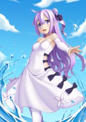 Rule 34 | 1girl, :d, azur lane, bare shoulders, black bow, blush, bow, breasts, cloud, day, detached sleeves, dress, hair between eyes, head tilt, highres, kuro emimi, long hair, one side up, open mouth, outdoors, purple hair, sky, sleeves past wrists, small breasts, smile, solo, sparkle, standing, unicorn (azur lane), very long hair, water, water drop, white dress, white legwear