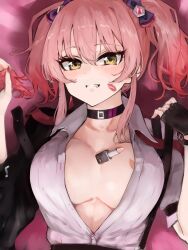Rule 34 | 1girl, absurdres, arm belt, black choker, black jacket, bow, breasts, center opening, choker, clenched teeth, collarbone, collared shirt, cosmetics, eyelashes, fingernails, hair between eyes, hair bow, highres, idolmaster, idolmaster cinderella girls, jacket, jougasaki mika, lamp p9, large breasts, lipstick mark, lipstick mark on breast, lipstick mark on face, lipstick tube, long bangs, long fingernails, looking at viewer, lying, nail polish, necktie, on back, open clothes, open shirt, pink bow, pink hair, purple bow, red nails, red necktie, shirt, short sleeves, short twintails, smile, solo, suspenders, teeth, twintails, unbuttoned, unbuttoned shirt, undone necktie, white shirt, yellow eyes