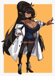 1girl bare_shoulders between_breasts black_choker black_thighhighs blue_sweater boots bracelet breasts brown_hair choker cleavage coat dark-skinned_female dark_skin doctor elf hair_intakes hand_in_pocket high_heel_boots high_heels jewelry lab_coat lanyard large_breasts long_hair mole mole_on_breast mole_on_thigh mole_under_eye orange_eyes original pointy_ears ponytail river_(zana) shortstack sidelocks simple_background skindentation smile solo sweater teeth thick_thighs thighhighs thighs very_long_hair white_coat zanamaoria