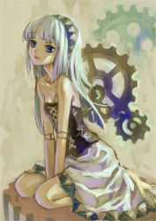 Rule 34 | 1girl, absurdres, ama-tou, between legs, blue eyes, breasts, cleavage, collarbone, cross-laced clothes, doll joints, gears, hairband, hand between legs, highres, joints, light smile, lips, long hair, looking away, original, pink lips, seiza, silver hair, sitting, small breasts, solo, strapless, winding key
