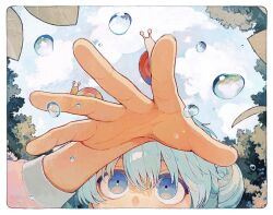 Rule 34 | 1other, animal, animal on hand, blue eyes, blue hair, border, close-up, cloud, day, hair between eyes, hair bun, hand up, highres, ka (marukogedago), mouth out of frame, original, outdoors, pink shirt, shirt, snail, solo, tree, water drop, white border