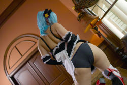 Rule 34 | asian, ass, black dress, black gloves, black panties, blue hair, clothes lift, cosplay, demon girl, dress, dress lift, gloves, headband, kurono kurumu, kuruno kurumu (cosplay), maid, panties, photo (medium), rosario+vampire, shoes, snow flakes, thighhighs, thighs, underwear