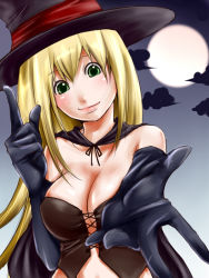 Rule 34 | 1girl, alternate costume, bare shoulders, blonde hair, breasts, bustier, cape, cleavage, corset, dark magician girl, duel monster, elbow gloves, gloves, green eyes, hat, hat tip, large breasts, latex, latex gloves, lingerie, long hair, outstretched arm, outstretched hand, reaching, rugu, solo, underwear, witch, witch hat, yu-gi-oh!, yuu-gi-ou, yu-gi-oh! duel monsters