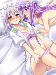 Rule 34 | 2girls, :o, blush, bra, braid, breasts, cleavage, commentary request, hair ribbon, hat, highres, izayoi sakuya, long hair, looking at viewer, maid headdress, medium breasts, mob cap, multiple girls, nude, open clothes, open shirt, panties, panty pull, patchouli knowledge, pink bra, pink panties, purple eyes, purple hair, red eyes, ribbon, shirt, short hair, side braids, silver hair, touhou, tress ribbon, underwear, undressing, white shirt, yasuu (ezuw3737)