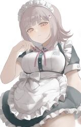 1girl absurdres apron black_dress blunt_bangs blush bow breasts brown_hair collared_dress danganronpa_(series) danganronpa_2:_goodbye_despair dress frilled_dress frills from_below frown galaga hair_ornament hand_up highres large_breasts maid maid_headdress nanami_chiaki neck_ribbon pink_eyes pink_ribbon ribbon shiromo_ooo short_sleeves simple_background solo waist_apron white_apron white_background white_bow