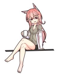 Rule 34 | 1girl, animal ears, bags under eyes, bare legs, barefoot, breasts, cat ears, classic7, cleavage, coffee mug, commentary, crossed legs, cup, english commentary, fake animal ears, feet, full body, girls&#039; frontline, highres, holding, holding cup, lab coat, long hair, looking at viewer, medium breasts, mug, off shoulder, parted lips, persica (girls&#039; frontline), pink hair, red eyes, simple background, sitting, smile, solo, toes, white background