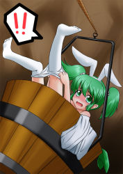 Rule 34 | 1girl, animal ears, ashcape, bucket, dressing, female focus, full body, green eyes, green hair, hair bobbles, hair ornament, in bucket, in container, kisume, matching hair/eyes, pantyhose, rabbit ears, short hair, solo, touhou, twintails, white pantyhose