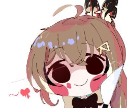 Rule 34 | 1girl, ahoge, black eyes, blush stickers, brown hair, chibi, closed mouth, crossed bangs, feather hair ornament, feathers, glint, hair between eyes, hair ornament, heart, highres, hololive, hololive english, knife, koyoinacho, long hair, looking at viewer, multicolored hair, nanashi mumei, portrait, shaded face, sidelocks, simple background, smile, smol mumei, solid circle eyes, solo, straight-on, streaked hair, variant set, virtual youtuber, white background, yandere