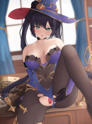 Rule 34 | 1girl, absurdres, bare shoulders, black gloves, black hair, blue hat, blue leotard, bodystocking, breasts, brown pantyhose, choker, coin, collarbone, covered navel, desk, detached sleeves, earrings, elbow gloves, genshin impact, gloves, gold trim, green eyes, hat, hat ornament, highleg, highleg leotard, highres, jewelry, large breasts, leotard, long hair, looking at viewer, mona (genshin impact), n9at, pantyhose, pussy, solo, spread legs, star (symbol), star earrings, thighlet, thighs, torn clothes, torn pantyhose, twintails, witch hat