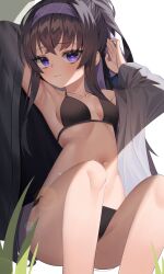 Rule 34 | 1girl, absurdres, armpits, arms up, bags under eyes, bikini, black bikini, black hair, blue archive, blue eyes, blush, breasts, collarbone, commentary, dated commentary, gimseol, grass, hairband, highres, long hair, long sleeves, navel, o-ring, o-ring bikini, off shoulder, purple hairband, simple background, sitting, small breasts, solo, stomach, swimsuit, swimsuit cover-up, ui (blue archive), white background