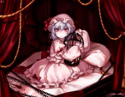 Rule 34 | 1girl, ambiguous red liquid, bat wings, bed, birdcage, blue hair, bow, cage, canopy bed, chain, character doll, cup, dress, drinking glass, flandre scarlet, full body, hat, hat ribbon, highres, juliet sleeves, light purple hair, long sleeves, looking at viewer, mob cap, hugging object, on bed, pillow, pink shirt, pink skirt, puffy long sleeves, puffy sleeves, red bow, red eyes, red ribbon, remilia scarlet, ribbon, shirt, short hair, short sleeves, siblings, sisters, skirt, skirt set, smile, solo, spill, tis (shan0x0shan), touhou, wine glass, wings