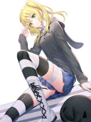 Rule 34 | 1girl, animal, animal ears, animal hood, arm support, bandaged leg, bandages, black cat, black jacket, black panties, blonde hair, blue skirt, blush, boots, breasts, cat, collared shirt, commentary request, cross-laced footwear, fake animal ears, green eyes, hair between eyes, hand up, highres, hood, hood down, hooded jacket, jacket, joshikousei no mudazukai, knee up, lace-up boots, long legs, long sleeves, looking at viewer, panties, pleated skirt, rabbit ears, rabbit hood, ririko (zhuoyandesailaer), shirt, sitting, skindentation, skirt, sleeves past wrists, small breasts, solo, striped clothes, striped thighhighs, thighhighs, twintails, underwear, white background, white footwear, white shirt, yamamoto minami
