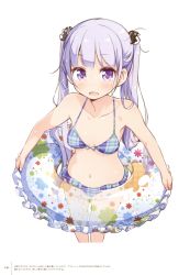 Rule 34 | 10s, 1girl, absurdres, bikini, bird, blush, breasts, collarbone, eyebrows, hair ornament, highres, innertube, long hair, looking at viewer, navel, new game!, official art, open mouth, penguin, purple eyes, purple hair, simple background, small breasts, solo, suzukaze aoba, swim ring, swimsuit, tokunou shoutarou, twintails, white background