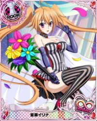 Rule 34 | 10s, 1girl, ahoge, artist request, black gloves, blonde hair, bracelet, breasts, cape, card (medium), character name, chess piece, elbow gloves, gloves, high school dxd, high school dxd infinity, jewelry, large breasts, long hair, official art, petals, purple eyes, rook (chess), shidou irina, solo, striped clothes, striped thighhighs, thighhighs, trading card, twintails, v, vertical-striped clothes, vertical-striped thighhighs, very long hair