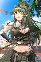 Rule 34 | 1girl, absurdres, arknights, black gloves, blue sky, cloud, crocodilian tail, crop top, day, fingerless gloves, gavial (arknights), gavial the invincible (arknights), gloves, goggles, goggles on head, green hair, highres, long hair, mask, mask around neck, material growth, midriff, navel, oripathy lesion (arknights), parted lips, ponytail, sky, solo, stomach, tail, upper body, very long hair, yellow eyes, zhouweibingfangze