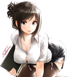 Rule 34 | &gt;:o, 1girl, :o, all fours, artist name, black bra, black eyes, black hair, bra, breasts, brown thighhighs, cleavage, downblouse, dress shirt, highres, kojima kana, large breasts, looking at viewer, nande koko ni sensei ga!?, open mouth, pencil skirt, pinstripe pattern, shirt, signature, simple background, skindentation, skirt, soborou, solo, striped, swept bangs, taut clothes, taut shirt, thighhighs, unbuttoned, underwear, v-shaped eyebrows, white background