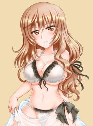 Rule 34 | 1girl, bikini, breasts, brown background, brown eyes, cleavage, closed mouth, commentary request, cowboy shot, frilled bikini, frills, front-tie bikini top, front-tie top, girls und panzer, hair ribbon, half-closed eyes, head tilt, kuromori yako, large breasts, light brown hair, long hair, looking at viewer, low-tied long hair, mature female, navel, partial commentary, ribbon, sarong, shimada chiyo, simple background, smile, solo, standing, string bikini, swimsuit, white bikini, white sarong