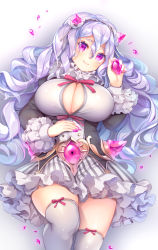 Rule 34 | 1girl, breasts, cleavage, closed mouth, collar, crossed bangs, curly hair, frilled collar, frilled skirt, frilled sleeves, frills, gem, hair between eyes, hairband, highres, large breasts, long hair, long sleeves, looking at viewer, lying, mg kurino, nail polish, neck ribbon, original, pink eyes, pink nails, ribbon, ribbon-trimmed legwear, ribbon trim, silver hair, simple background, skirt, smile, solo, thighhighs, thighs, wavy hair, white thighhighs, zettai ryouiki